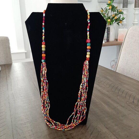 Colorful Multi-Strand Beaded Necklace 14 Inches Bohemian Style Multi-Color - Picture 1 of 5